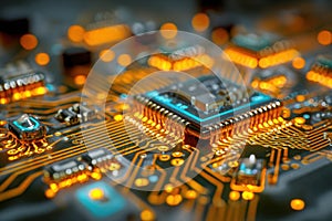 Close-up view of a vibrant circuit board with psychedelic colors, featuring glowing components and intricate patterns, showcasing