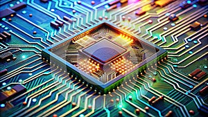 Close-up view of a vibrant circuit board showcasing a central processing unit with illuminated connections. Generative AI