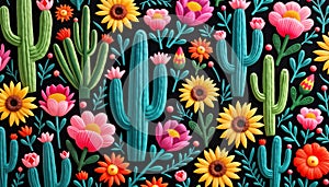 Close-up view of vibrant embroidered fabric. Mexican-inspired design with cactus flowers, geometric patterns. Vivid colors, photo