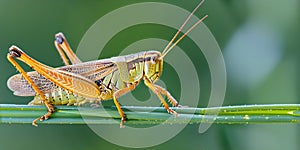 Close-up view of a vibrant grasshopper on a green stem. nature photography with focus on wildlife details. perfect for