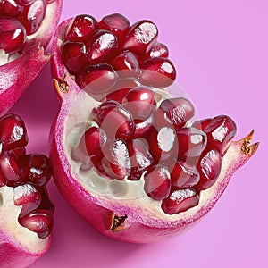 Closeup of Red Pomegranate Arils on Pink Background