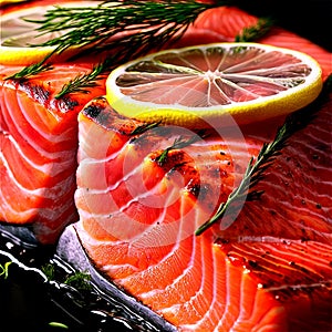 A close-up view of a vibrant salmon fillet, grilled to perfection, garnished with lemon slices and fresh