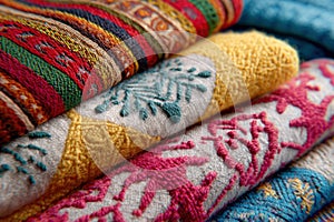 Stack of colorful folded woven fabrics showing traditional patterns