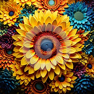 Close-up view of a vibrant sunflower radiating with enchanting colors