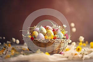 Close-up View of a Vibrantly Colored Easter Egg-filled Basket Surrounded by Fresh Spring Flowers against a Soft Blurred Background
