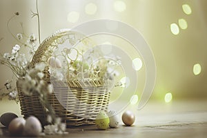 Close-up View of a Vibrantly Colored Easter Egg-filled Basket Surrounded by Fresh Spring Flowers against a Soft Blurred Background