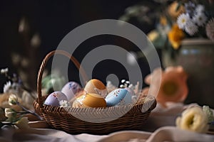 Close-up View of a Vibrantly Colored Easter Egg-filled Basket Surrounded by Fresh Spring Flowers against a Soft Blurred Background