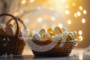 Close-up View of a Vibrantly Colored Easter Egg-filled Basket Surrounded by Fresh Spring Flowers against a Soft Blurred Background