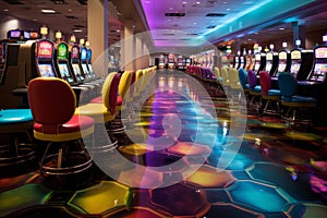 Close up view of a vintage casino slot machine with colorful spinning drums and flashing lights