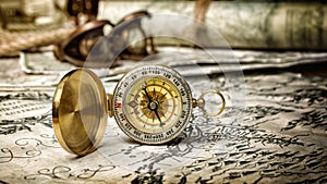 Close-up view of a vintage compass on an old retro map