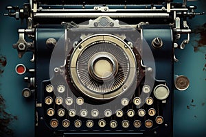 Close-Up View of Vintage Typewriter, Classic Writing Equipment, Vintage typewriter header with old paper, showcasing retro machine