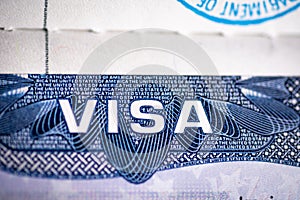 Close up view of Visa word on United States of America visa