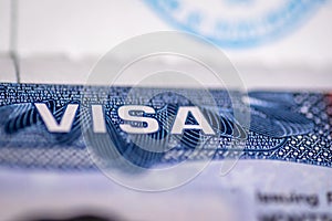 Close up view of Visa word on United States of America visa