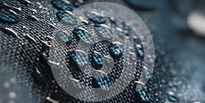 Close-up view on water drops on waterproof impregnated fabric in rain.