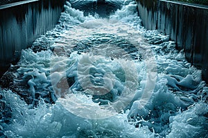 A close-up view of water rushing through a hydro power station spillway, showcasing dynamics of water force. AI
