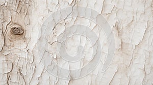 A close-up view of a weathered, cracked, and textured surface of white painted wood with visible grain patterns and a knot