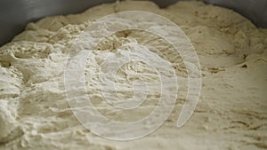 A close-up view of wheat flour yeast dough is infused before baking bread