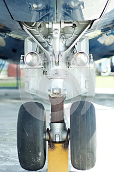 Close-up view of wheel well or landing gear of an old aircraft