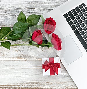 Close up view of white aged desktop with Valentines day romance concept in the office