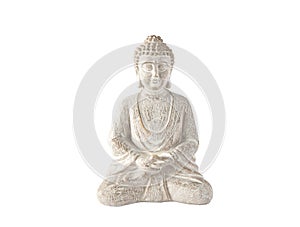 Close up view of white color sitting meditating Buddha figurine hands doing meditation.