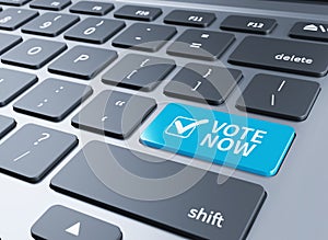 Close-up view on white conceptual keyboard - Vote blue key with check symbol.3d illustration