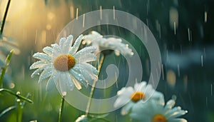 Close-up view of white daisy flowers in fresh spring rain, scattered raindrops, and morning light.