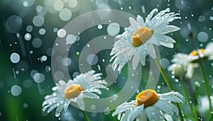 Close-up view of white daisy flowers in fresh spring rain, scattered raindrops, and morning light.