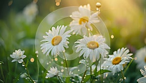 Close-up view of white daisy flowers in fresh spring rain, scattered raindrops, and morning light.