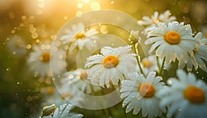 Close-up view of white daisy flowers in fresh spring rain, scattered raindrops, and morning light.