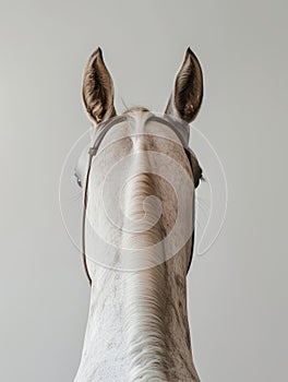Close-up view of a white horse's ears and blonde forelock from behind. photo