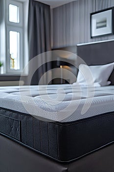 Close up view of white mattress cover on bed, detailed bedroom interior design element