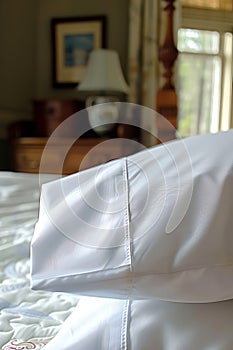 Close up view of white mattress protector on the bed for enhanced search relevance photo