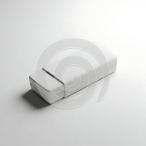 Close-up view of a white rectangular eraser on a plain background