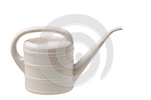 Close up view of white watering can for watering flowers isolated on white background.