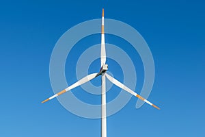 Close-up view of a wind power turbine, part of a wind farm in eastern Germany near the city of Cottbus, Brandenburg.