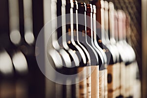 Close-Up View of Wine Bottles Lined Up on Cellar Shelf Highlighting Elite Alcohol Choices photo