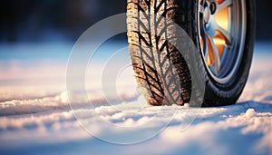 Close up view of winter car tires on snow covered road during cold and snowy weather conditions