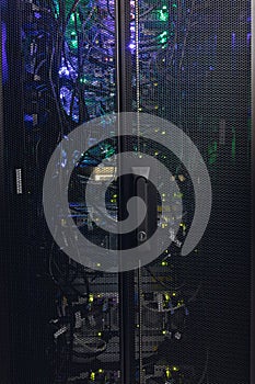 Close up view of wire connections in a modern computer server