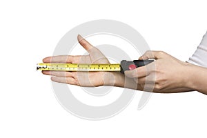 Close up view of woman hand holding Tape measure.