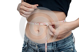 Close-up view woman measuring slim waist on a white background. Diet, sport and heath concept