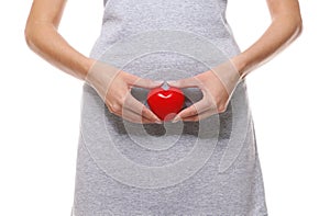 Close up view of woman with red heart on white background. Gynecology concept