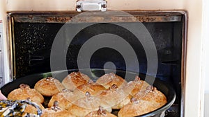 Close-up view of woman`s hand putting cookies into oven.