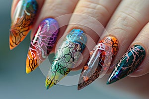 A close-up view of a womans hand showcasing vibrant, colorful nail polish on each fingernail, adding a pop of creativity