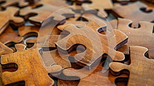 Close-up view wooden jigsaw puzzle pieces on table, challenge and solutions. Problem-solving