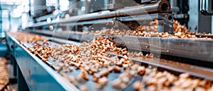 A close-up view of wooden shavings collected on a conveyor belt, showcasing the byproducts of a woodworking process. The