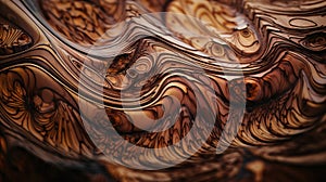 a close up view of a wooden surface with wavy lines and curves of wood in the center of the image, with a black background of