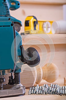 Close up view on woodworking tools on wooden boards