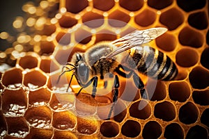 Close up view of the working bee on honey cells. Life of bees. Reproduction of bees. generative AI