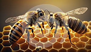 Close up view of the working bees on honey cells