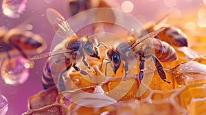 Close up view of the working bees on honey cells